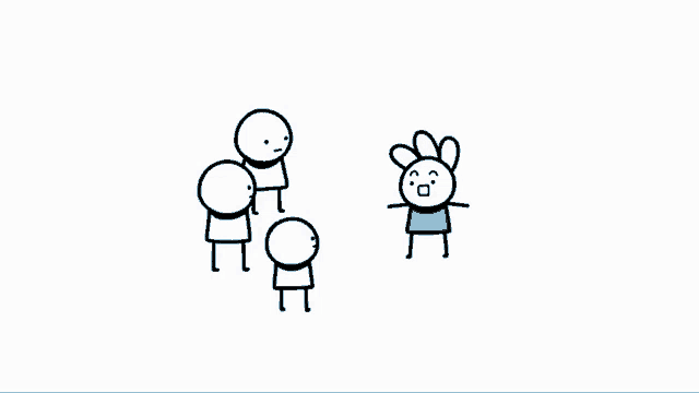 a group of stick figures are standing around a cartoon character who is laying on the ground .