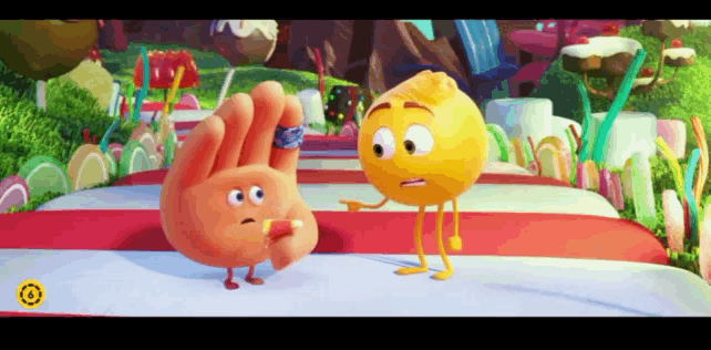 two cartoon characters are standing next to each other in a candy land with a yellow circle on the bottom right corner