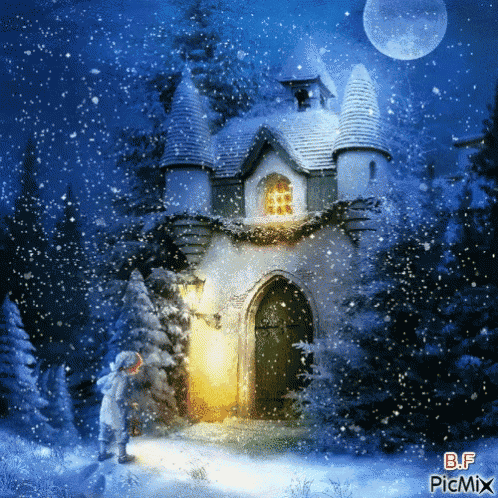 a boy stands in front of a castle in the snow with the letters b.f. on the bottom