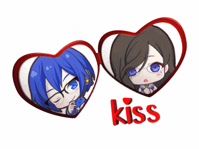 two anime characters in heart shaped frames with the word kiss underneath them