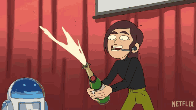 a cartoon of a man holding a bottle of champagne with netflix written on the bottom right