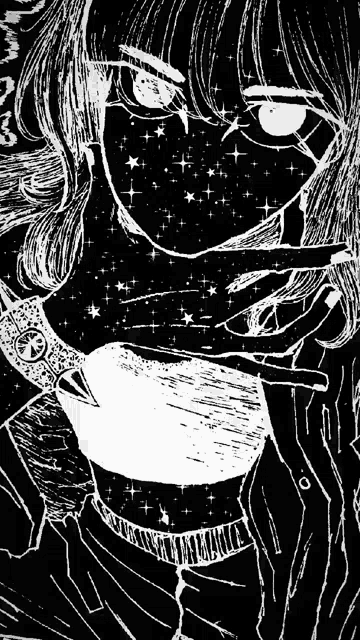 a black and white drawing of a girl with stars on her face .