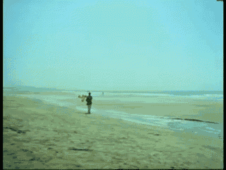 a man walking a dog on a beach with a blue sky in the background