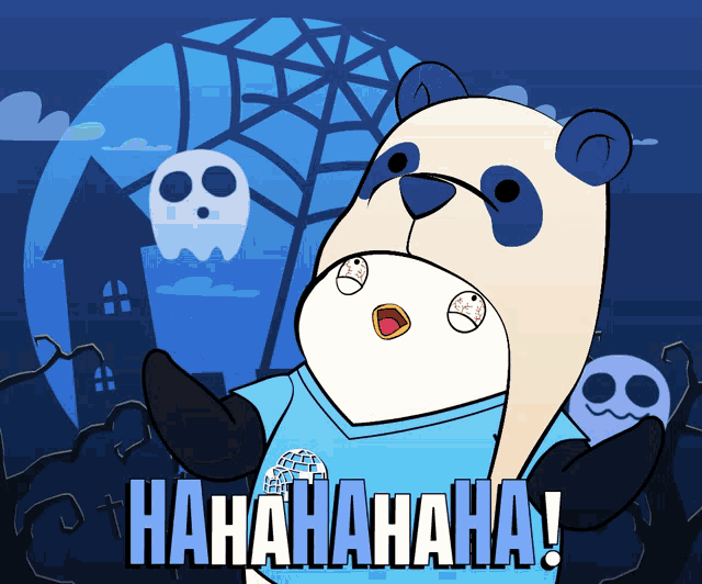a cartoon of a panda wearing a shirt that says ' hahahahaha '
