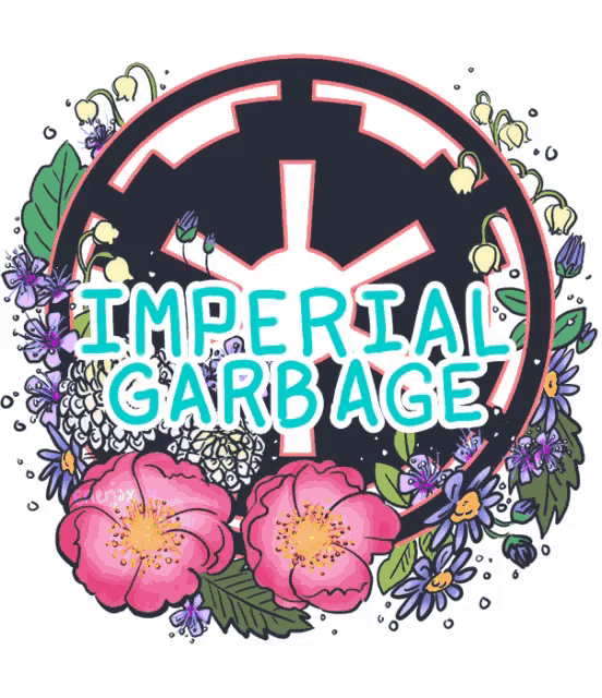 a logo for imperial garbage is surrounded by pink and purple flowers
