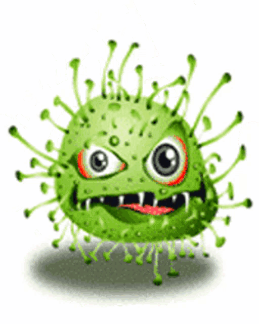 a cartoon illustration of a green monster with big red eyes and sharp teeth