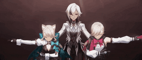 a group of anime characters standing next to each other with their arms outstretched