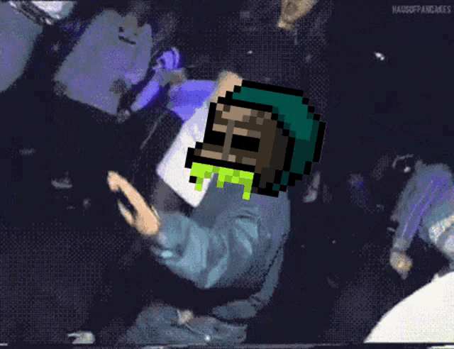 a pixel art drawing of a skeleton with a green hat flying through the air