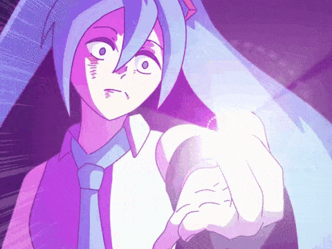 a cartoon character with blue hair and a purple tie pointing at the camera .