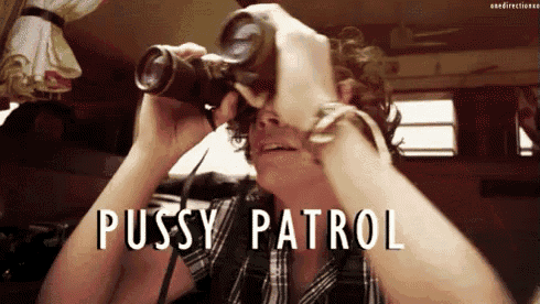 a person is looking through binoculars with the words pussy patrol written above them