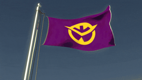 a purple flag with a yellow symbol that says e on it