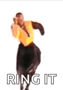 a man in a yellow jacket and black pants is dancing with the words `` ring it '' written below him .