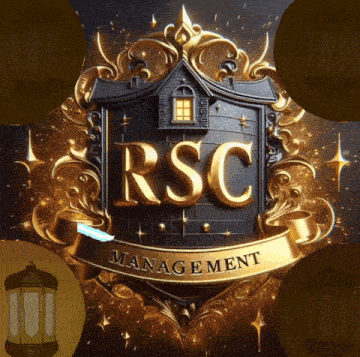 a logo for rsc management with a lantern behind it