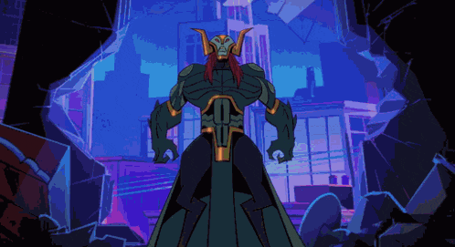 a cartoon character with horns is standing in a dark cave