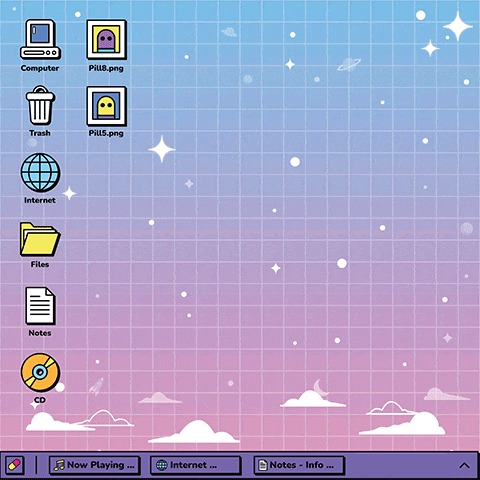 a computer screen with icons for computer trash internet files notes and a cd