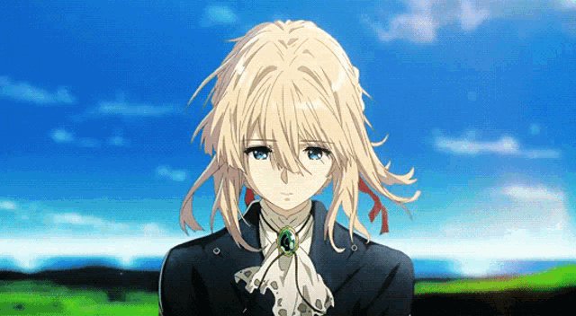 a girl with blonde hair and blue eyes is wearing a black jacket