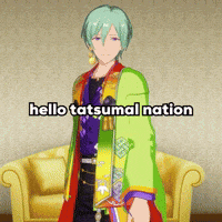 a cartoon character is standing in front of a yellow couch and says hello tatsimal nation