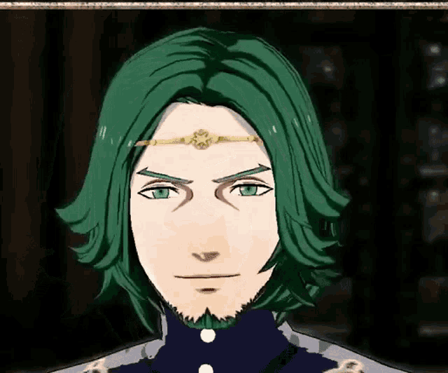 a man with green hair and a beard is wearing a gold crown on his head .