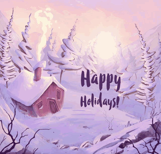 a painting of a house in the snow with the words happy holidays written below it