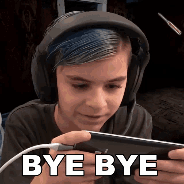 a boy wearing headphones looks at a cell phone with the words bye bye written below him