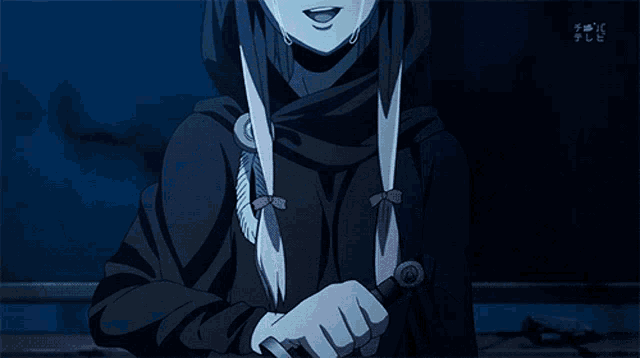 a girl with a hood and a knife is crying