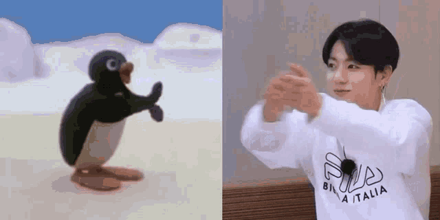 a penguin from a cartoon and a picture of a person clapping their hands .