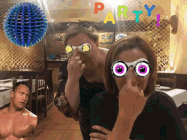 two women wearing glasses with the word party written above them
