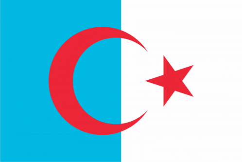 a blue and white flag has a red crescent moon and a red star