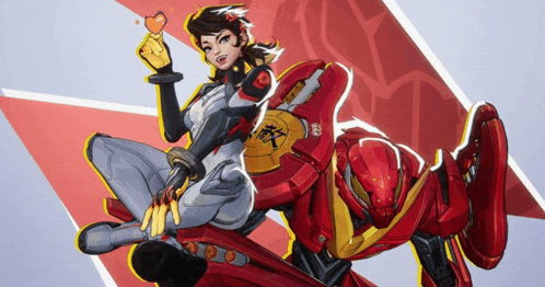 a cartoon drawing of a woman sitting on a red robot
