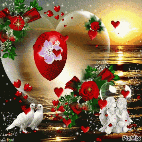 a picture of a heart surrounded by hearts and flowers with two doves