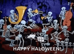 a cartoon of a band of skeletons playing instruments and dancing .
