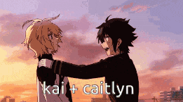 a couple of anime characters are hugging each other and the words kai + caitlyn are on the bottom