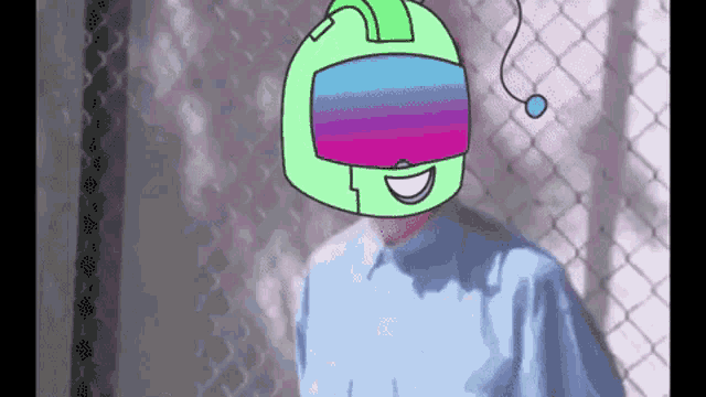 a cartoon of a man wearing a helmet with a microphone on it .