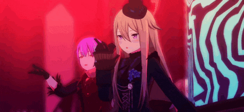 a couple of anime girls are standing next to each other in a room .
