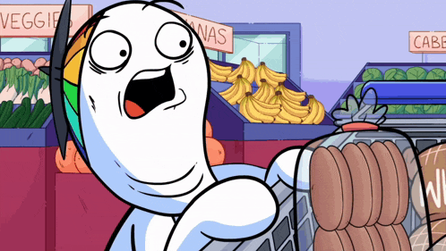 a cartoon character is holding a shopping cart in front of a sign that says veggie