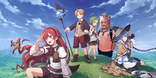 a group of anime characters are standing on top of a grassy hill