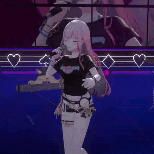 a girl with pink hair is singing into a microphone