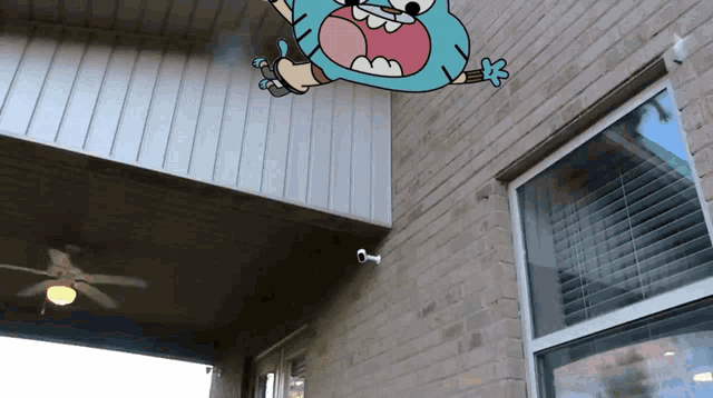 gumball from the amazing world of gumball is falling from a balcony
