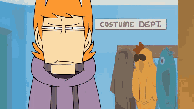 a cartoon character is standing in front of a sign that says costume dept.