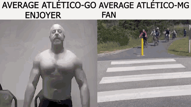 a man without a shirt is standing next to a group of people riding bikes on a road .