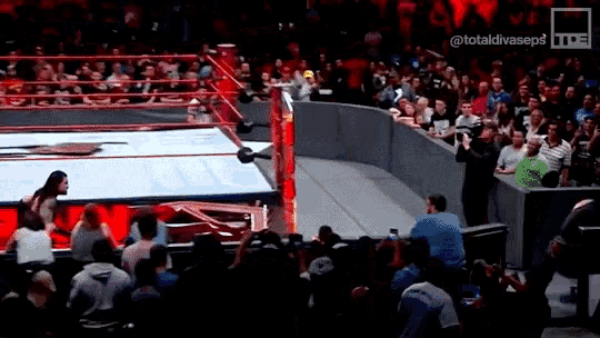 a wrestling match is taking place in front of a crowd of people .