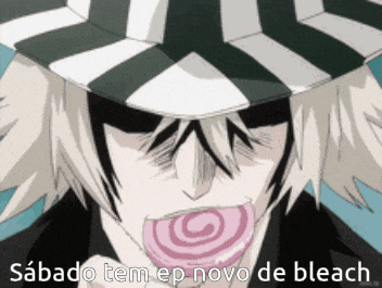 a man in a striped hat is eating a lollipop and the words sabado tem ep novo de bleach are visible