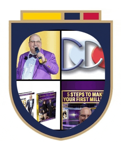 a man in a purple suit is holding a microphone in a crest