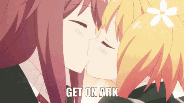 a picture of two girls kissing with the words get on ark written below them
