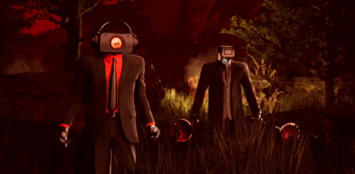 two men in suits and ties with cameras on their heads are standing in a field holding knives .