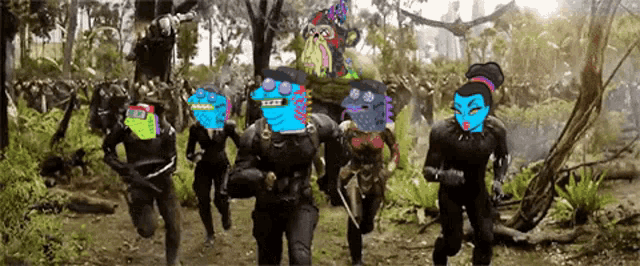 a group of people are running through a forest with cartoon faces on their faces
