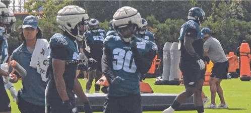 a group of football players are standing on a field and one has the number 30 on his jersey