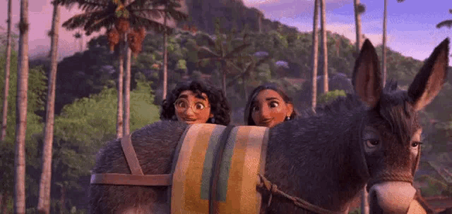 two cartoon characters are riding on the back of a donkey in a jungle .