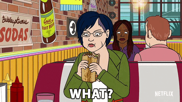 a cartoon of a woman eating a sandwich with the words what written below her