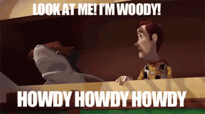 a toy story scene with a shark and woody saying " look at me i 'm woody "